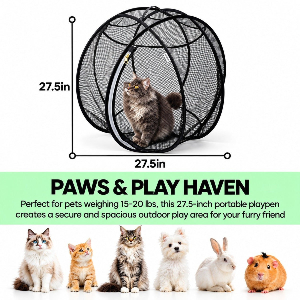 Foldable Pop Up Mesh Cat Playpen, 27.5in Portable Spherical Pet Enclosure, Safe Outdoor Play Tent for Cats Small Dogs Rabbits Guinea Pigs