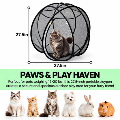 Foldable Pop Up Mesh Cat Playpen, 27.5in Portable Spherical Pet Enclosure, Safe Outdoor Play Tent for Cats Small Dogs Rabbits Guinea Pigs