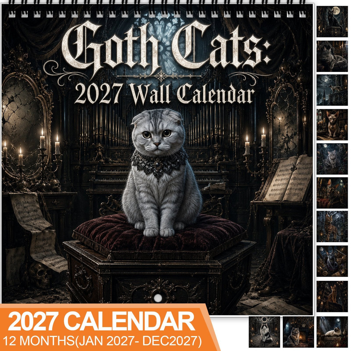 🐈‍⬛2027 Gothic Cat Wall Calendar – Dark & Mystical Cat Art Calendar for Home Decor & Cat Lovers