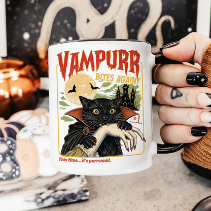 TYII™ 11oz Vampurr Cat Halloween Mug – Funny Vampire Black Cat Coffee Mug, Spooky Gothic Gift for Cat Lovers