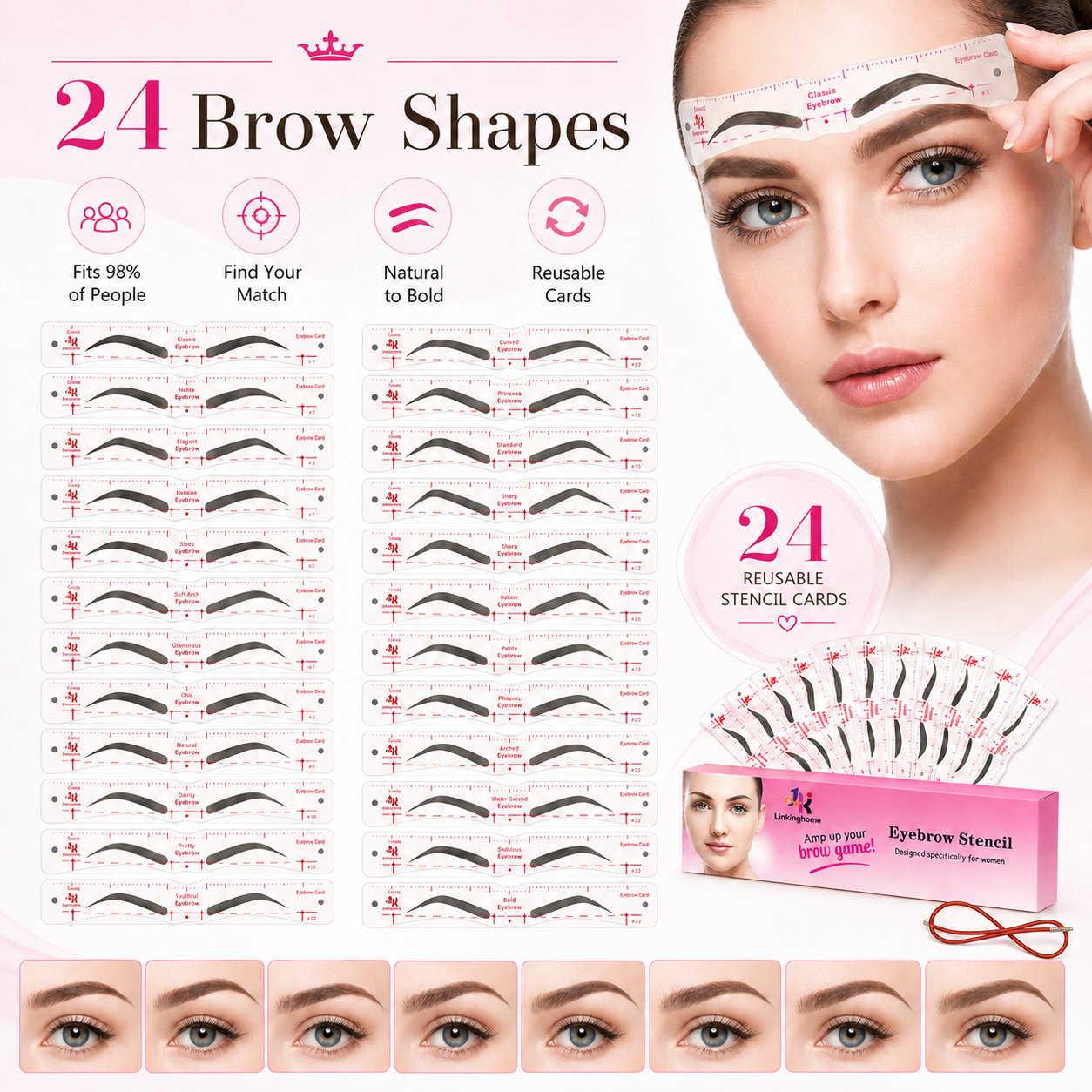 Eyebrow Stencil, 24 Eyebrow Shaper Kit, Reusable Eyebrow Template With Strap, 3 Minutes Makeup
