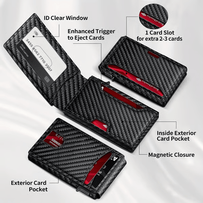 💼🔒Premium Aluminum RFID Blocking Minimalist Wallet for Men - Pop-Up Card Access, Money Clip & ID Window