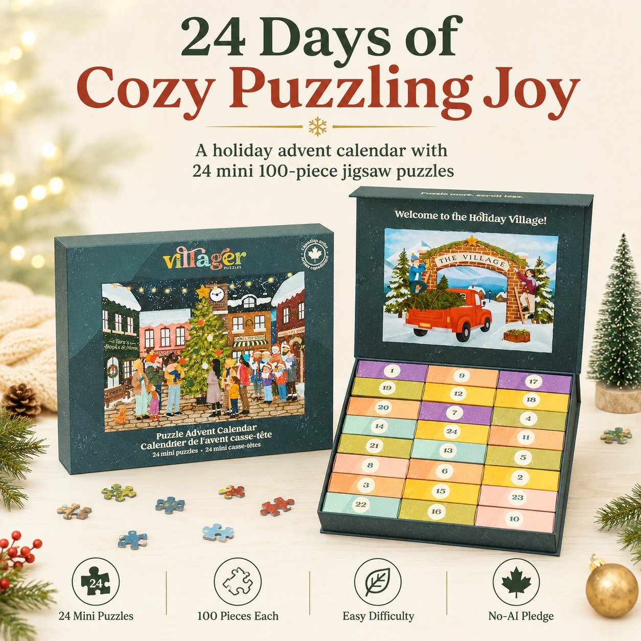 🎄24 Days of Cozy Christmas Puzzle Advent Calendar | 24 Artist-Designed 100 Piece Mini Jigsaw Puzzles🧩