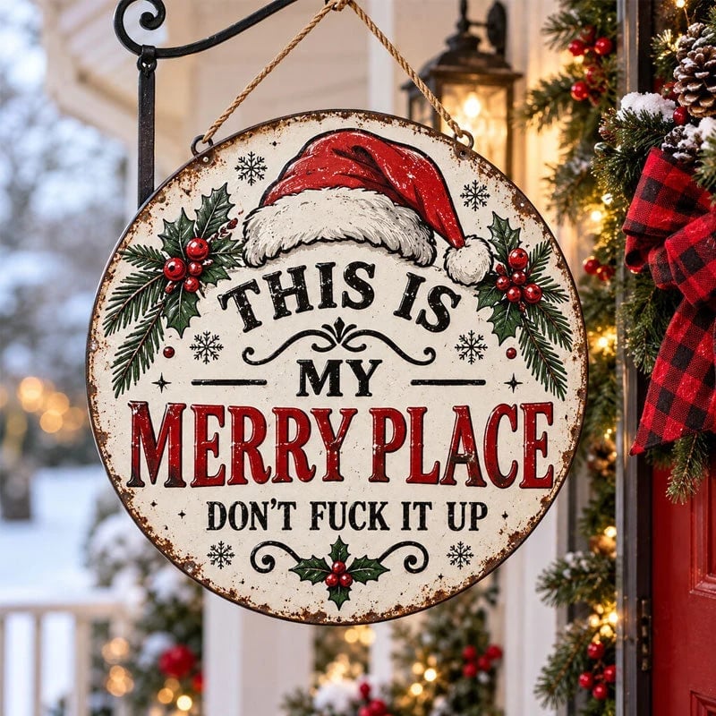 🎄🏡This Is My Merry Place — Vintage Christmas Hanging Sign with Santa Hat & Holly