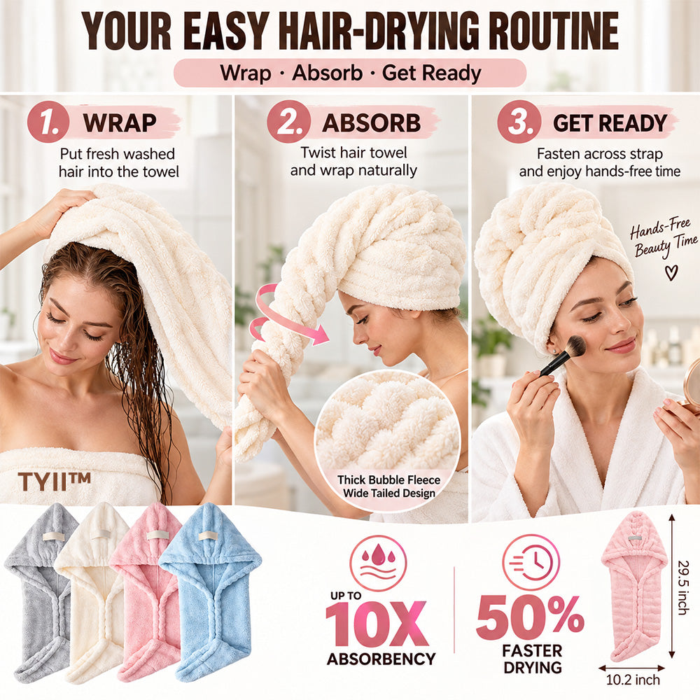 TYII™ Extra-Large 4-Corner Hair Drying Towel Wrap – Extra-Long Thick Microfiber Hair Cap for Long & Thick Hair