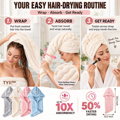 TYII™ Extra-Large 4-Corner Hair Drying Towel Wrap – Extra-Long Thick Microfiber Hair Cap for Long & Thick Hair
