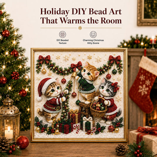 🎄🐾Premium 3D Pearl Christmas Kitty Art Kit | Luxury Flocked Canvas with Scratch-Resistant Non-Fading Pearl Beads DIY Holiday Decor 🎅🐱❄️