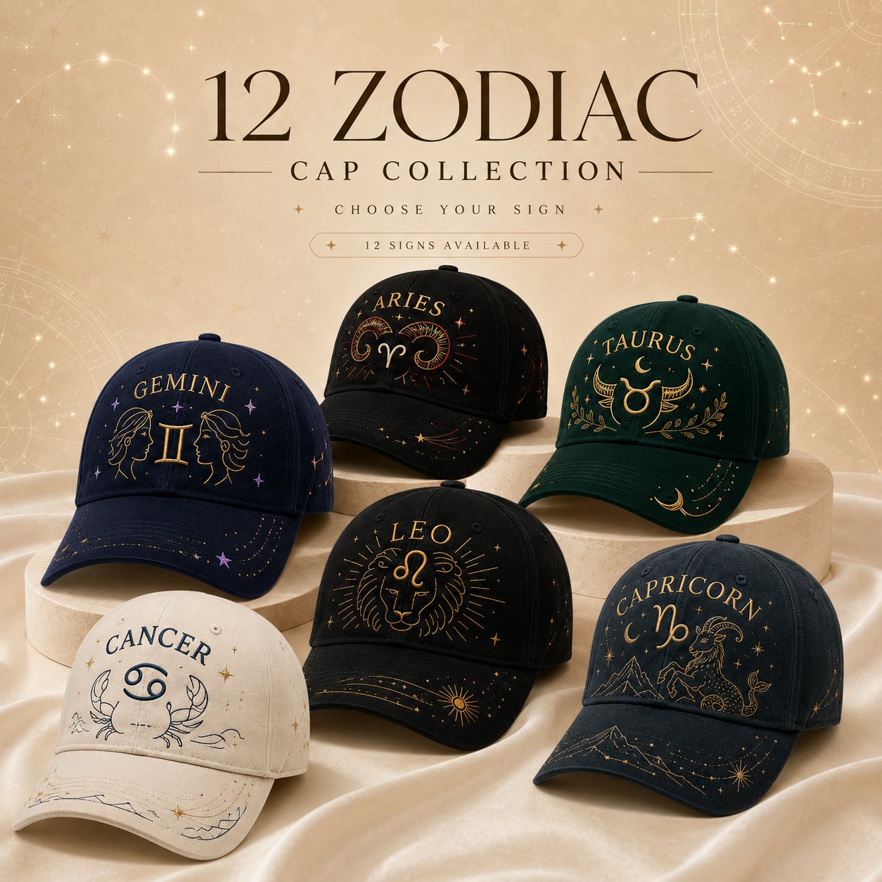 ♈♉12 Zodiac Signs Embroidered Cap Collection – Celestial Hats Made for Every Personality 🧢100% Cotton