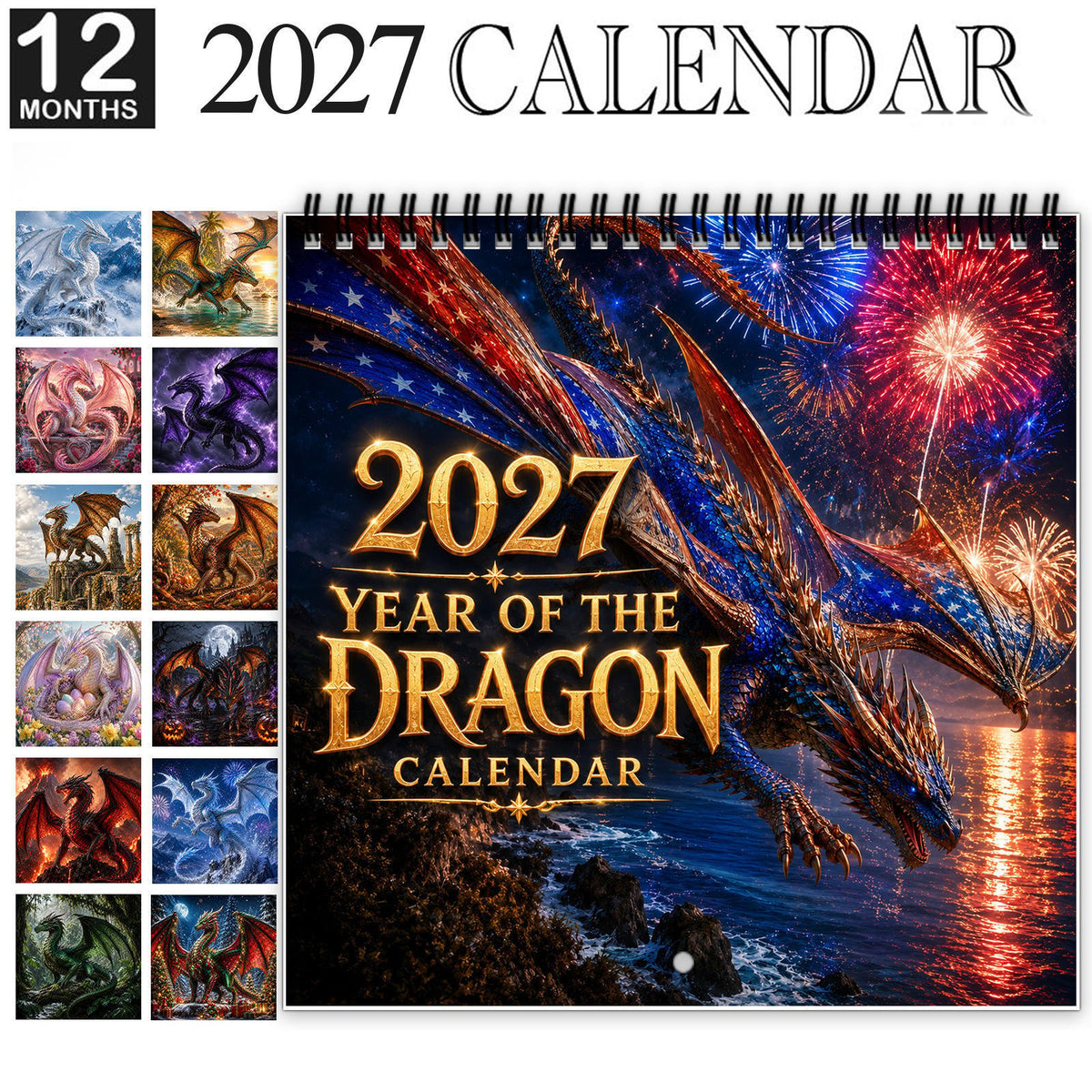 🐉2027 Dragon Wall Calendar - 12-Month Spiral Planner With Notes