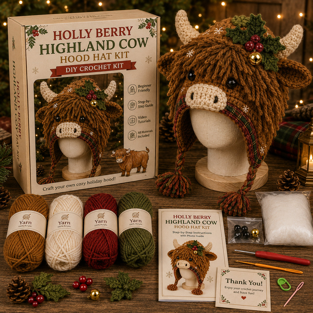 Christmas Highland Cow Hood Hat DIY Crochet Kit