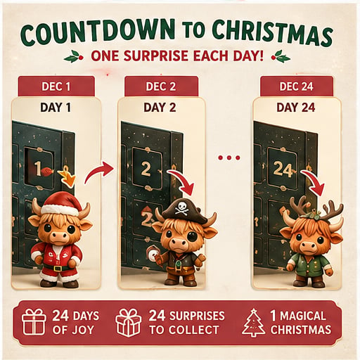 Highland Cow Advent Calendar 2026 – 24-Day Christmas Countdown with Cute Highland Cow Figurines