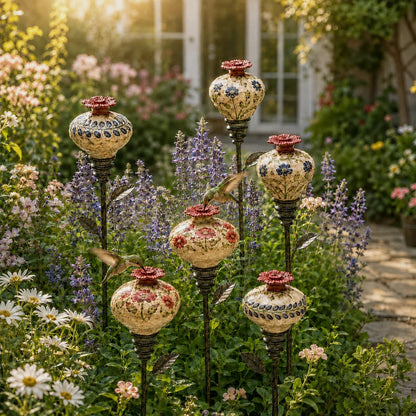 🌺 Vintage Ceramic Hummingbird Feeder Garden Stake — Handcrafted Floral Bird Feeder Decoration