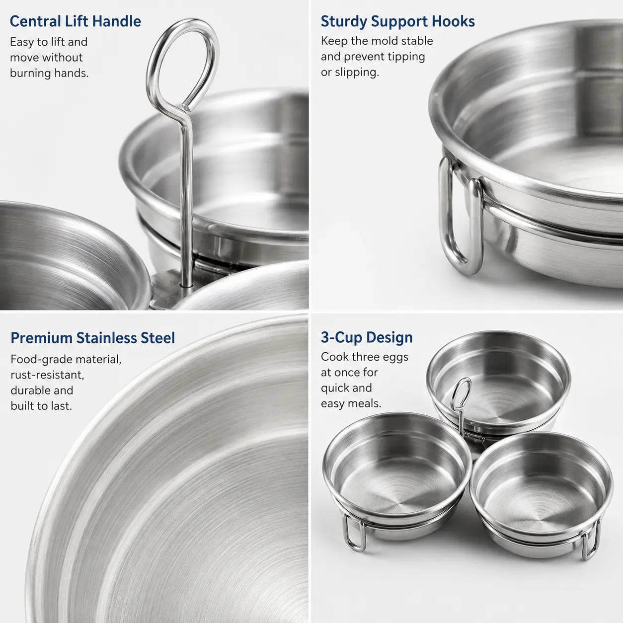 3-Cup Stainless Steel Egg Poacher with Handle, Steamed Egg Mold