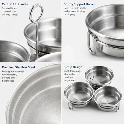 3-Cup Stainless Steel Egg Poacher with Handle, Steamed Egg Mold