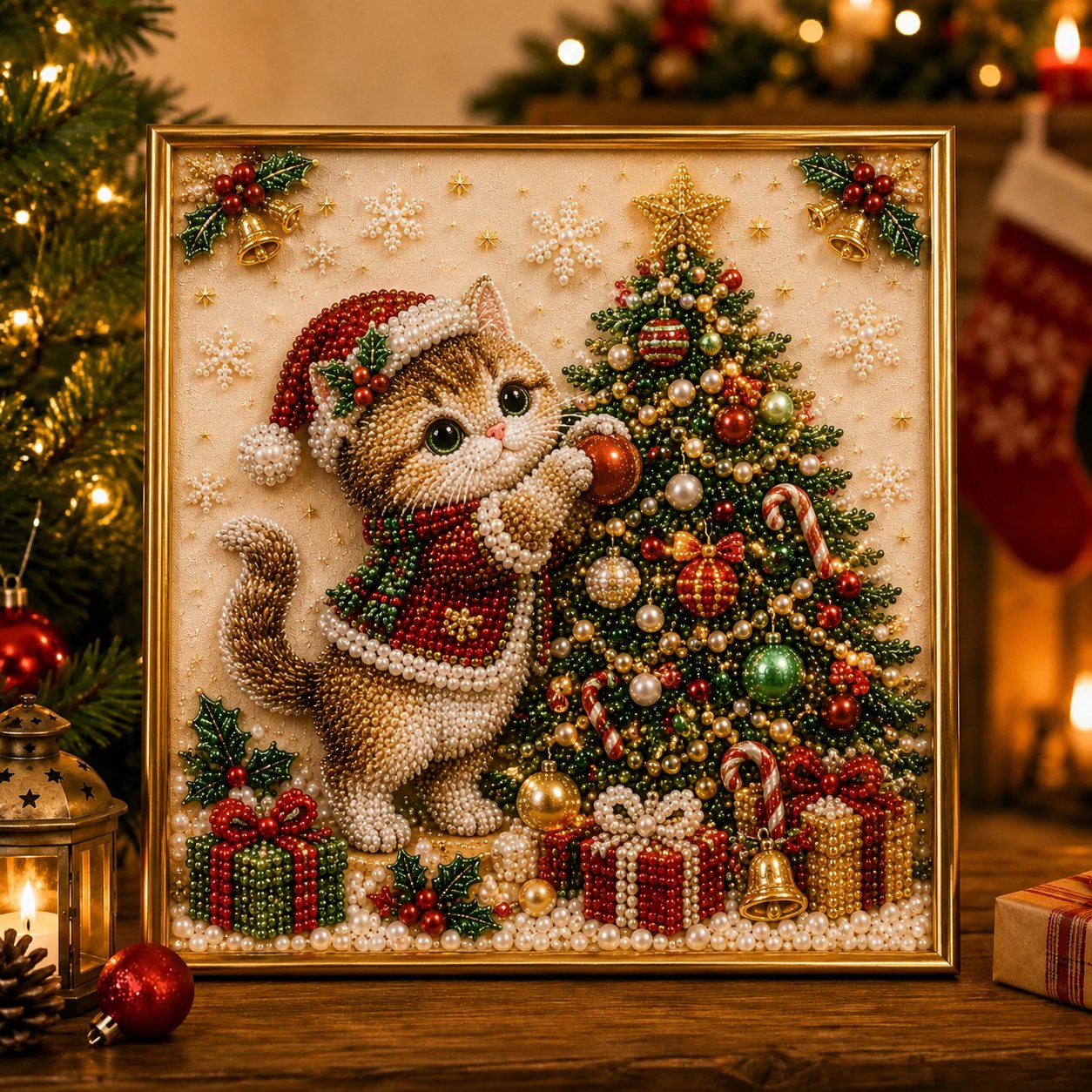 🎄🐾Premium 3D Pearl Christmas Kitty Art Kit | Luxury Flocked Canvas with Scratch-Resistant Non-Fading Pearl Beads DIY Holiday Decor 🎅🐱❄️