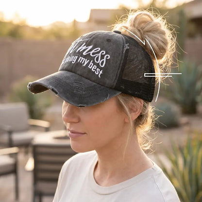 Ponytail Mesh Baseball Cap – Open Back Breathable Washed Vintage Hat