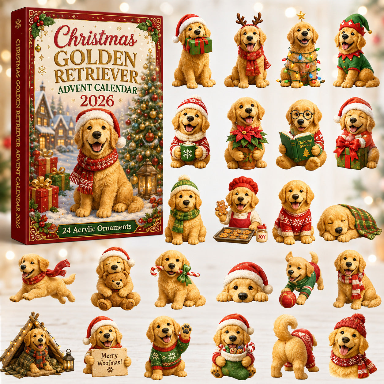 Christmas Golden Retriever Advent Calendar 2026 - 24-Day Festive Countdown, Acrylic Charms Blind Box - Gift For Golden Retriever Lovers