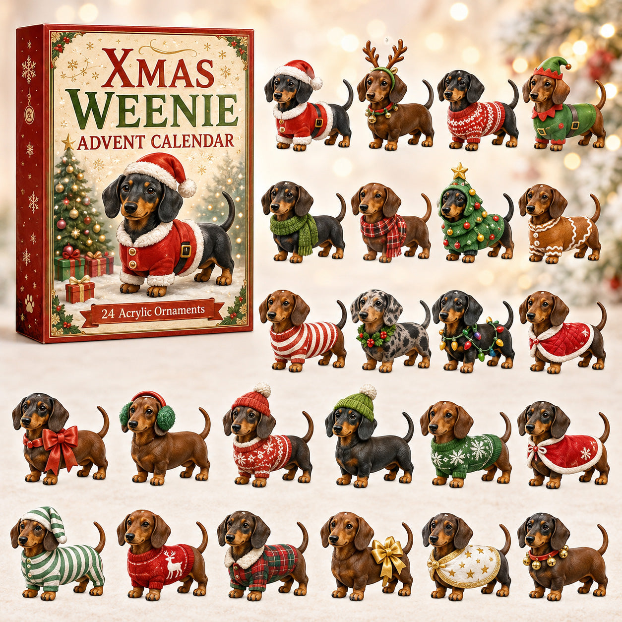 Xmas Weenie Advent Calendar 2026 – 24-Day Acrylic Charm Blind Box Countdown – Gift for Dachshund Lovers