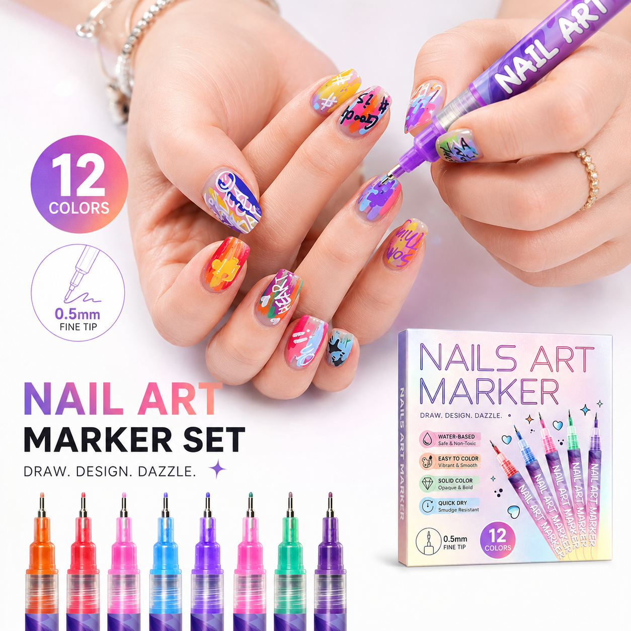 12-Color Nail Art Pens Set – Ultra-Fine DIY Manicure Paint Pens