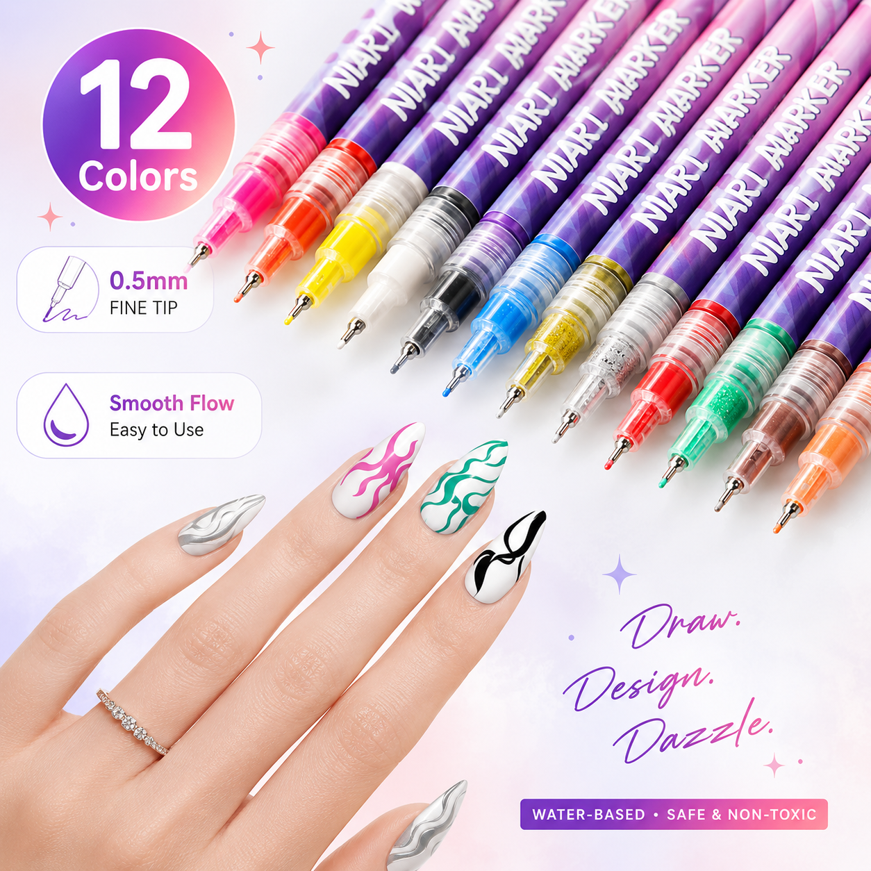 12-Color Nail Art Pens Set – Ultra-Fine DIY Manicure Paint Pens