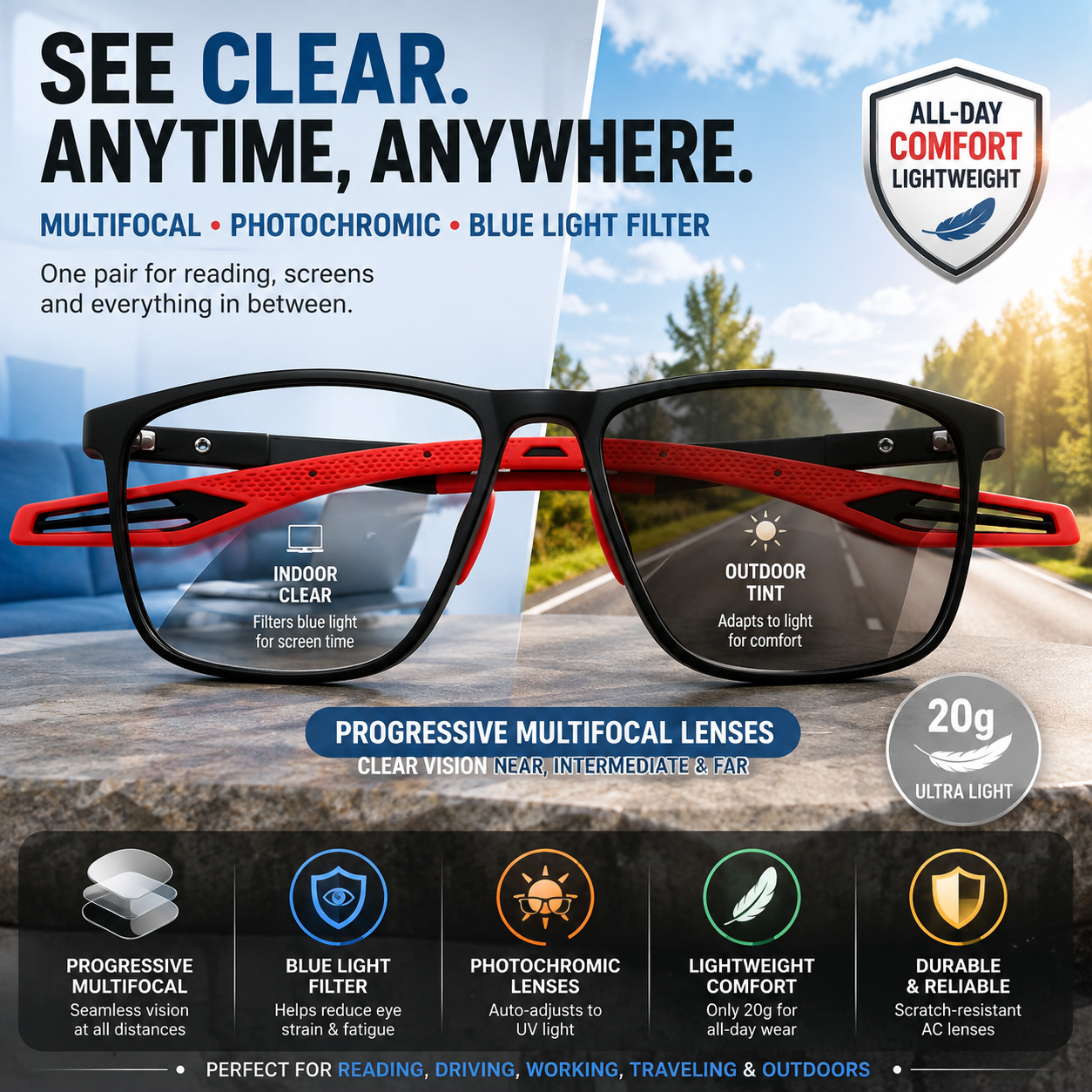 👓 Progressive Photochromic Reading Glasses – Multifocal, Blue-Light Filtering & Adaptive Tint