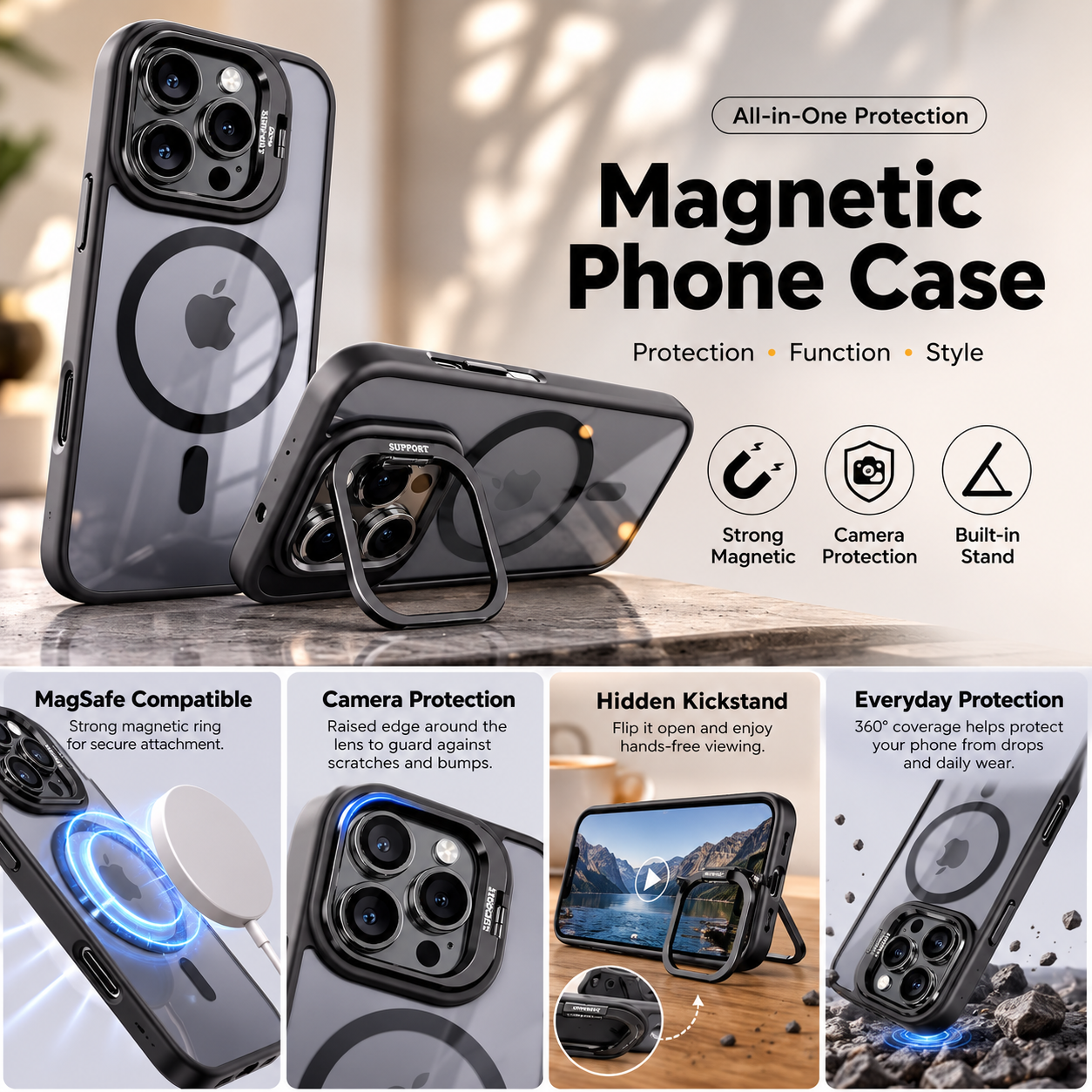TYIIPLUS™ Magnetic Phone Case with Camera Protection & Built-In Stand