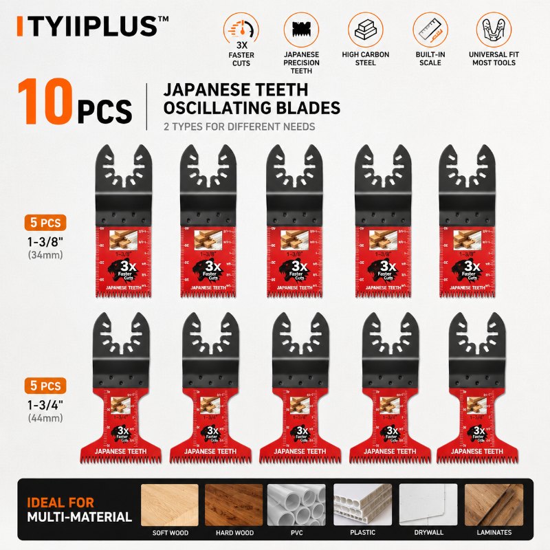 TYIIPLUS™ 10PCS Professional Japanese Teeth Oscillating Multi Tool Saw Blade Set – Universal Fast Cutting Blades for Wood, PVC & Plastic