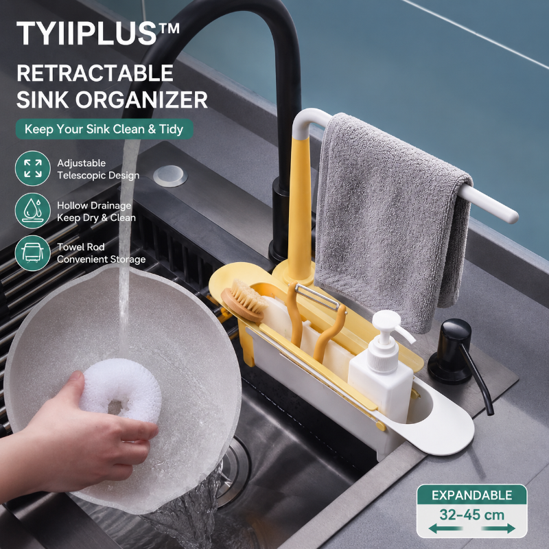 TYIIPLUS™ Retractable Sink Organizer – Adjustable Telescopic Kitchen Sink Caddy with Towel Holder