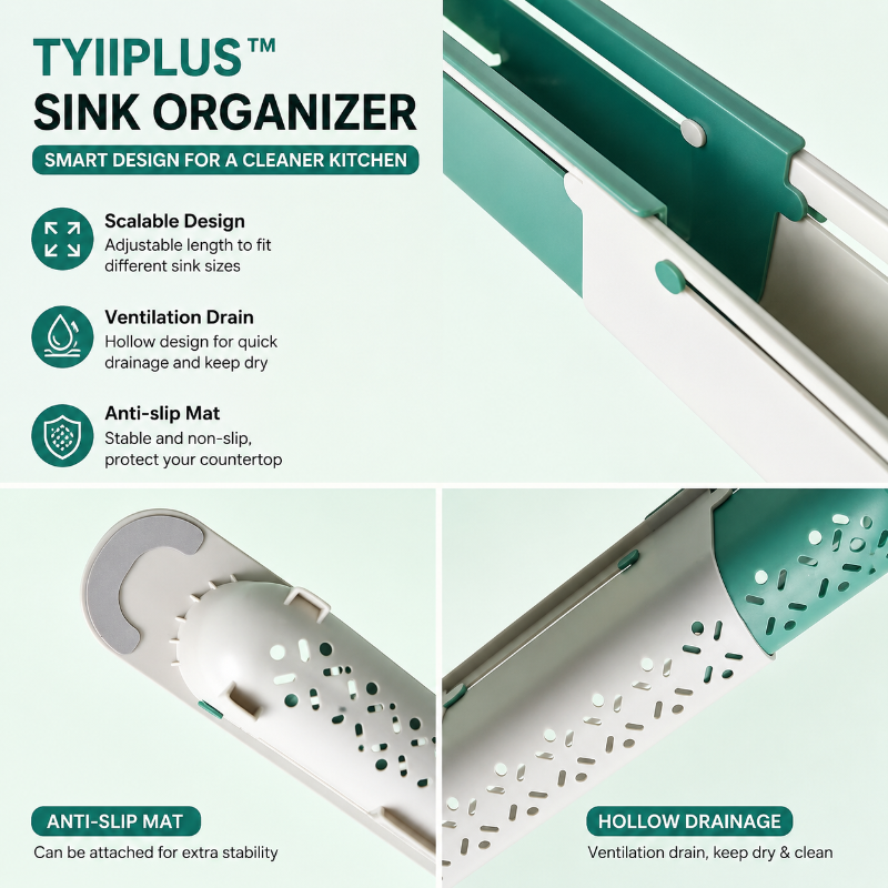 TYIIPLUS™ Retractable Sink Organizer – Adjustable Telescopic Kitchen Sink Caddy with Towel Holder