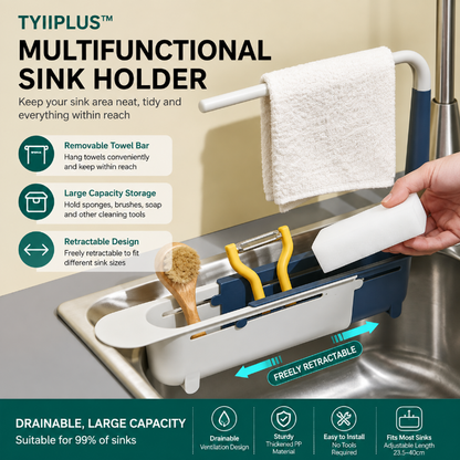 TYIIPLUS™ Retractable Sink Organizer – Adjustable Telescopic Kitchen Sink Caddy with Towel Holder