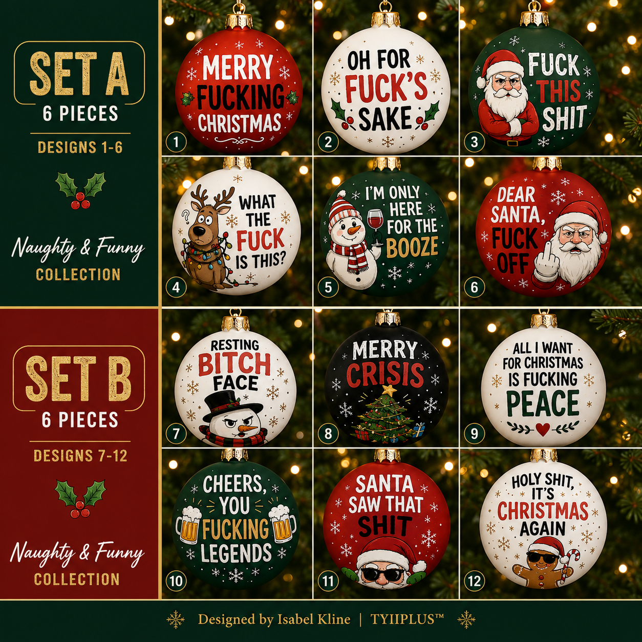 TYIIPLUS™ Naughty Christmas Ornaments – Funny Swear Word Baubles for Adults, Black & Gold Christmas Tree Decorations