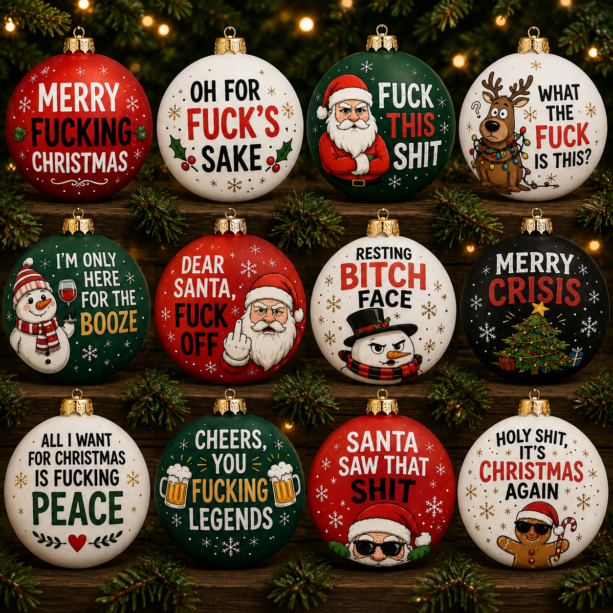 TYIIPLUS™ Naughty Christmas Ornaments – Funny Swear Word Baubles for Adults, Black & Gold Christmas Tree Decorations