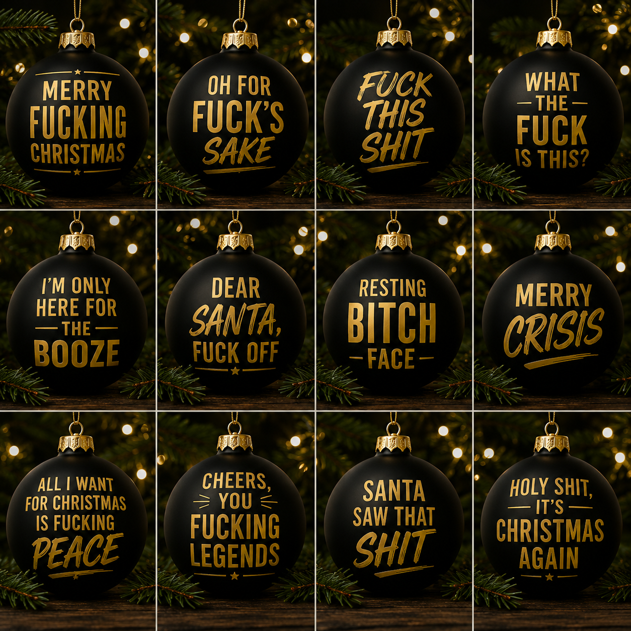 TYIIPLUS™ Naughty Christmas Ornaments – Funny Swear Word Baubles for Adults, Black & Gold Christmas Tree Decorations