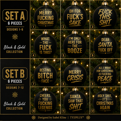TYIIPLUS™ Naughty Christmas Ornaments – Funny Swear Word Baubles for Adults, Black & Gold Christmas Tree Decorations