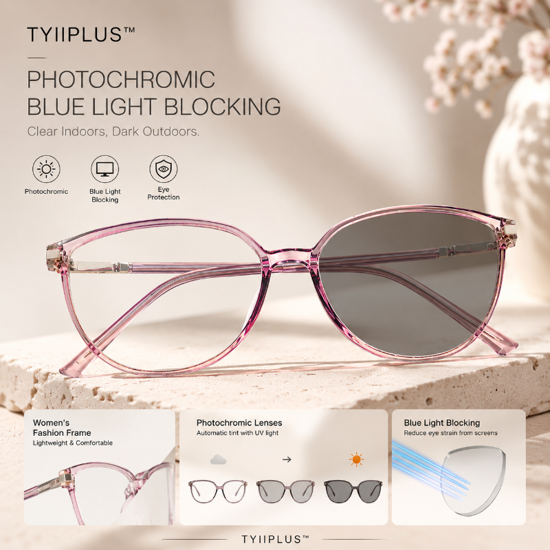 TYIIPLUS™ Women's Photochromic Prescription Glasses – Oversized Fashion Frames with Blue Light Protection