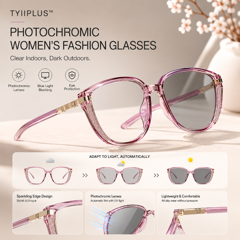 TYIIPLUS™ Women's Photochromic Prescription Glasses – Oversized Fashion Frames with Blue Light Protection
