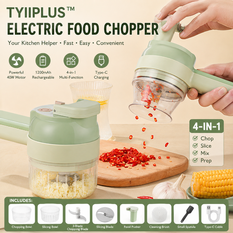 TYIIPLUS™ New 4-in-1 Rechargeable Food Chopper – 1200mAh Cordless Food Processor with 40W Motor, Slicer & Chopper Blades