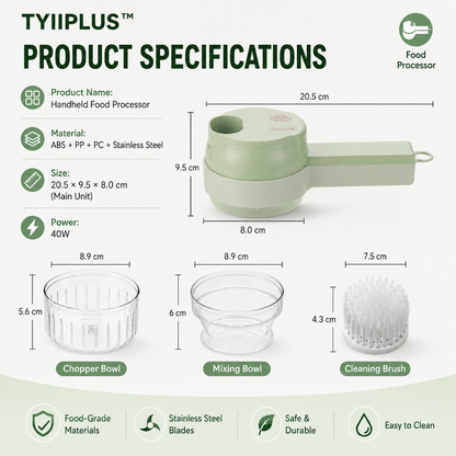 TYIIPLUS™ New 4-in-1 Rechargeable Food Chopper – 1200mAh Cordless Food Processor with 40W Motor, Slicer & Chopper Blades