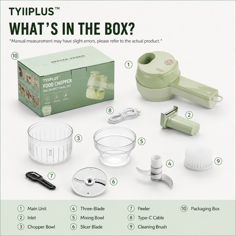TYIIPLUS™ New 4-in-1 Rechargeable Food Chopper – 1200mAh Cordless Food Processor with 40W Motor, Slicer & Chopper Blades