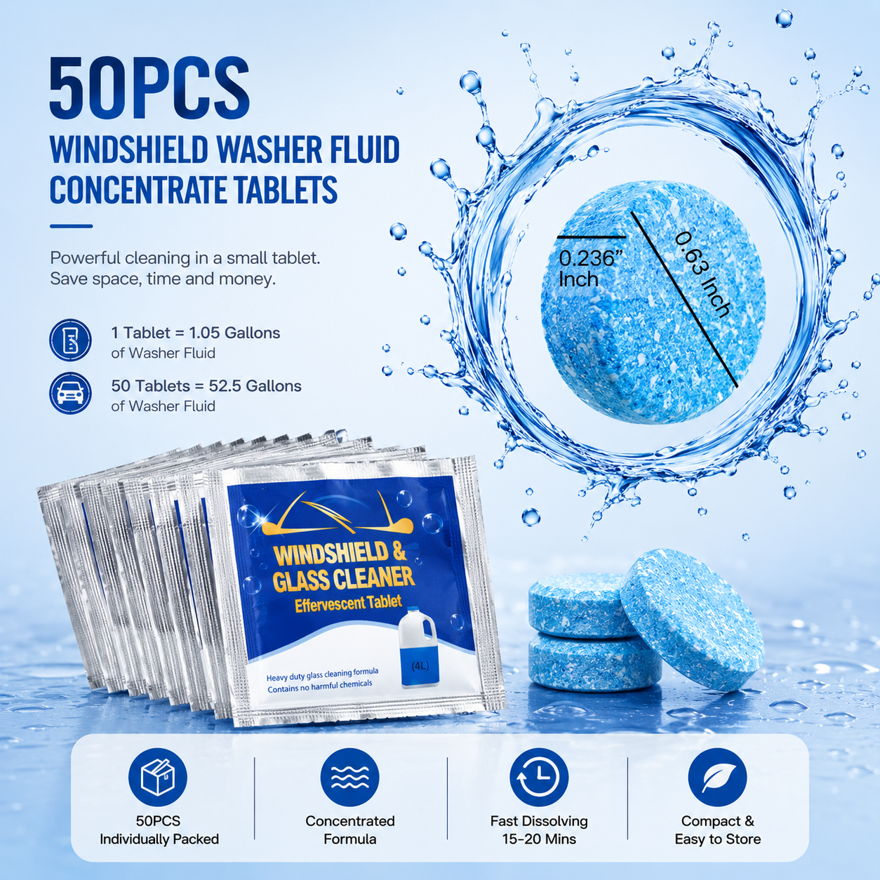 TYIIPLUS™ 50-Pack Windshield Washer Fluid Concentrate Tablets – Portable Wiper Cleaning Tablets