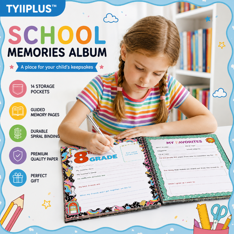 TYIIPLUS™ School Memory Book Keepsake Album | Preschool to 12th Grade Scrapbook with 14 Storage Pockets for Photos, Report Cards & School Memories