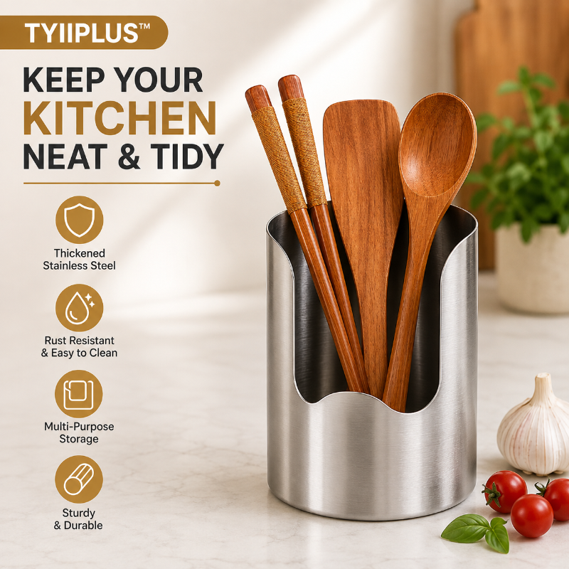 TYIIPLUS™ Thickened Stainless Steel Utensil Holder – Rust-Resistant Kitchen Countertop Organizer for Spoons, Spatulas, Chopsticks & Multi-Purpose Storage