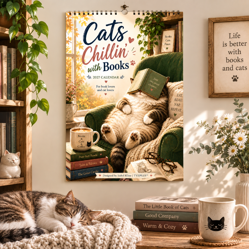 Cats Chillin' with Books™ 2027 Wall Calendar | A4 Cozy Cat & Book Lover Calendar | Designed by Isabel Kline | TYIIPLUS™