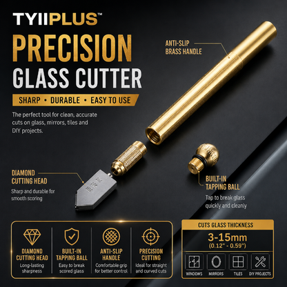 TYIIPLUS™ Precision Glass Cutter with Diamond Cutting Head & Steel Blade, Anti-Slip Brass Handle for 3-15mm Glass, Mirror, Tile & DIY Projects