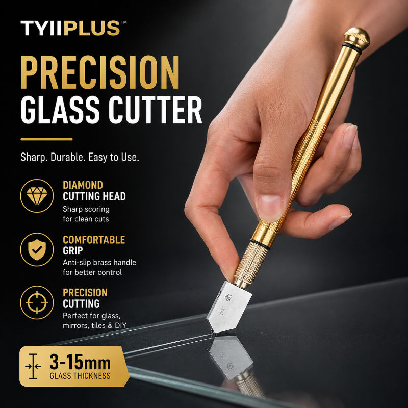 TYIIPLUS™ Precision Glass Cutter with Diamond Cutting Head & Steel Blade, Anti-Slip Brass Handle for 3-15mm Glass, Mirror, Tile & DIY Projects