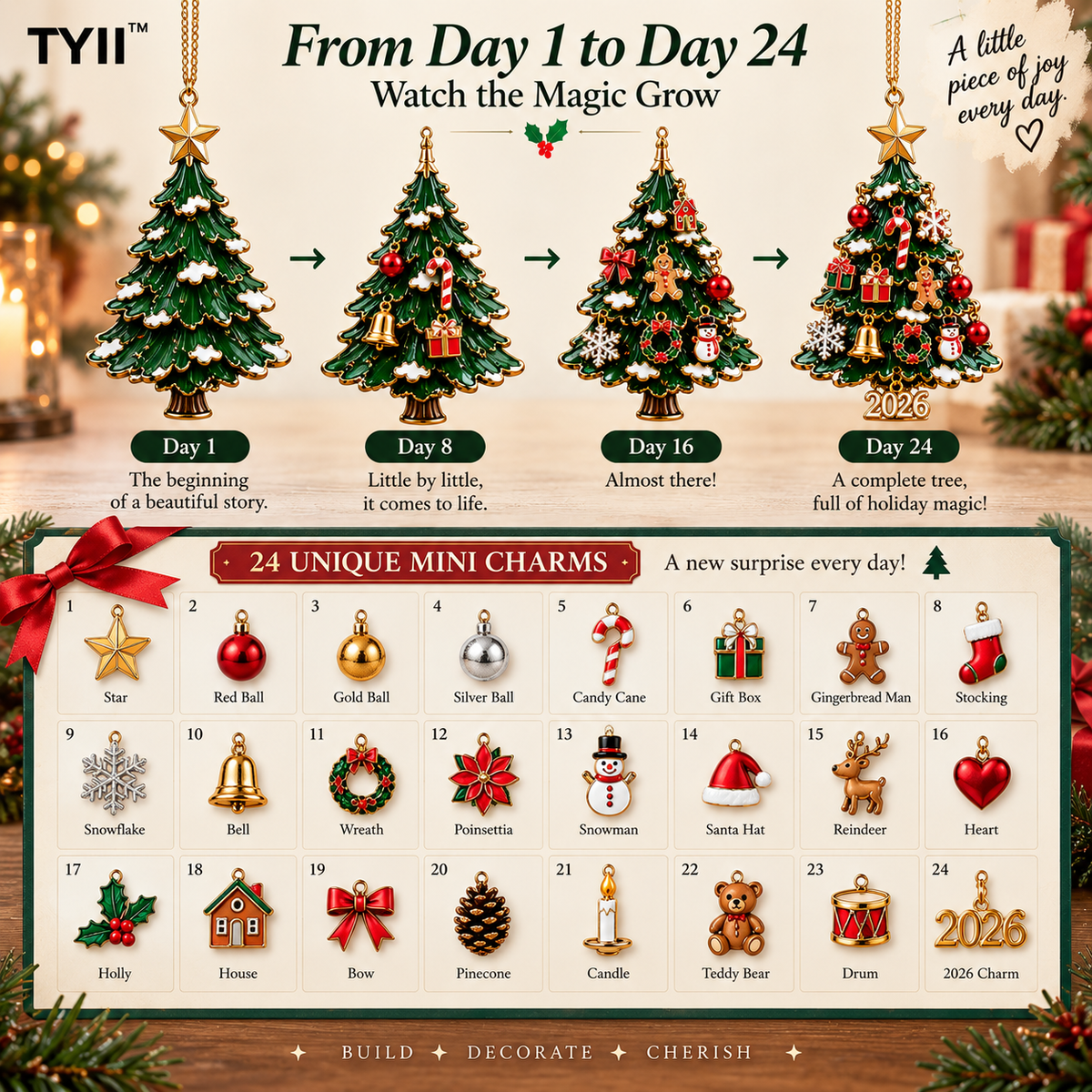TYII™ 2026 Build Your Christmas Tree – 24-Day Christmas Countdown Ornament Kit