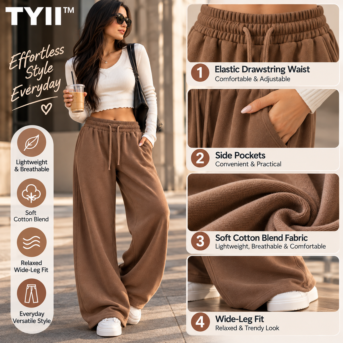 TYII™ Women’s Cotton Blend Wide-Leg Sweatpants – Relaxed Drawstring Lounge Pants with Pockets