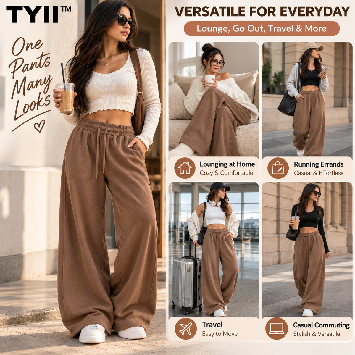 TYII™ Women’s Cotton Blend Wide-Leg Sweatpants – Relaxed Drawstring Lounge Pants with Pockets