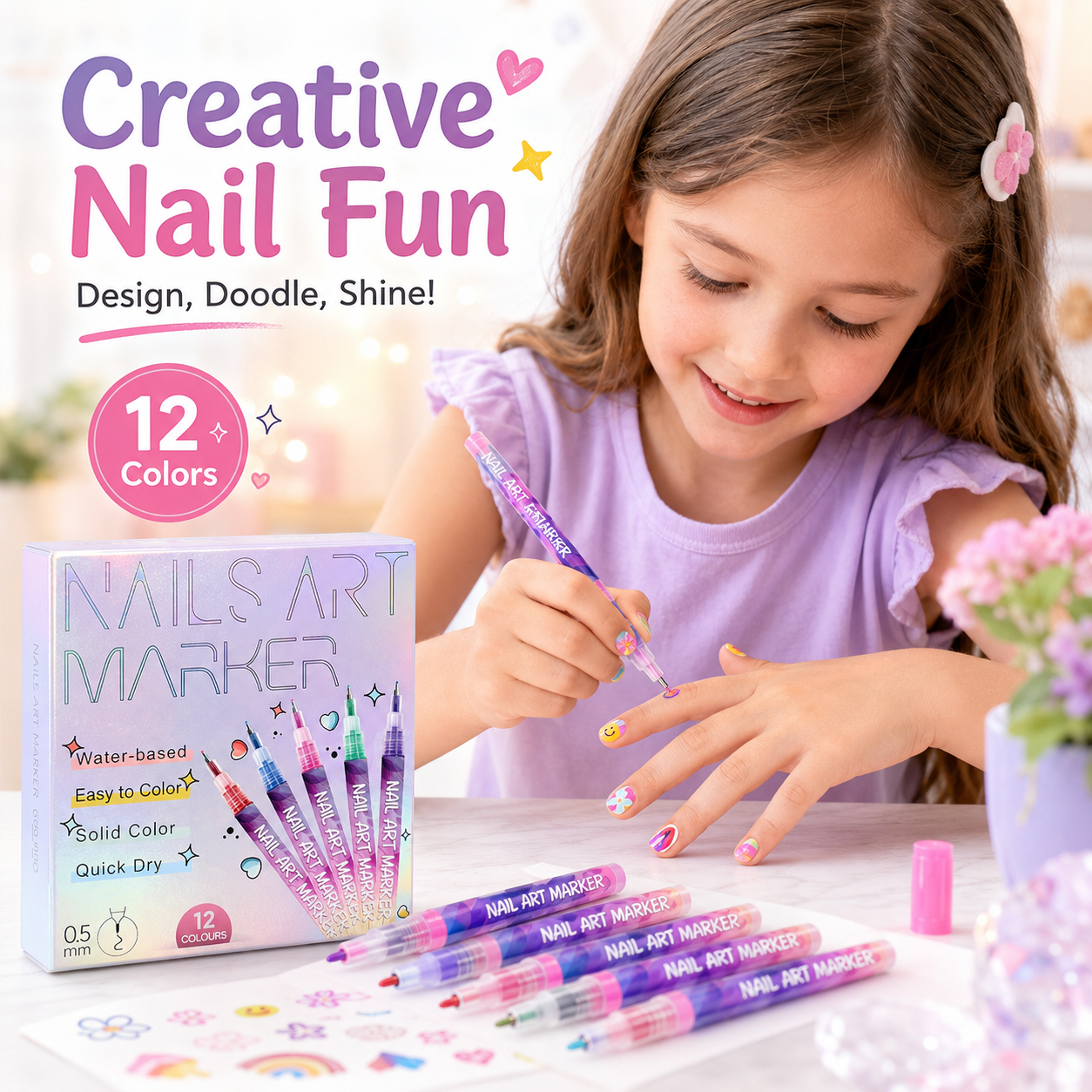 12-Color Nail Art Pens Set – Ultra-Fine DIY Manicure Paint Pens