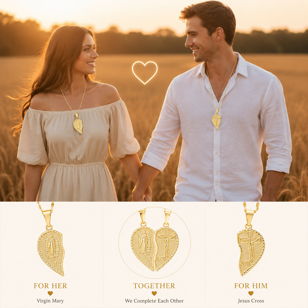 Virgin Mary Layered Heart Combination Prayer Couple Necklace